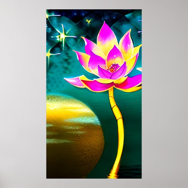 Pink Gold Lotus Flower with Full Moon Reflection Poster (Front)