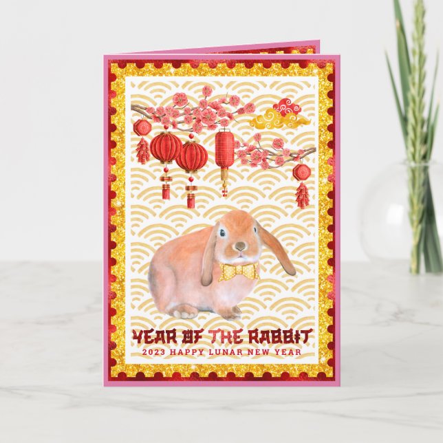 Pink Gold Lunar New Year of the Rabbit Photo Card (Front)