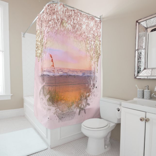 *~* Pink GOLD MAGENTA Drips BEACH GLITTER AP7 Shower Curtain (In Situ)