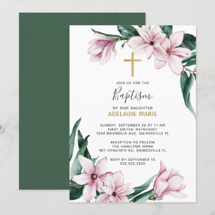 Pink Gold Magnolia Floral Baptism Invitation