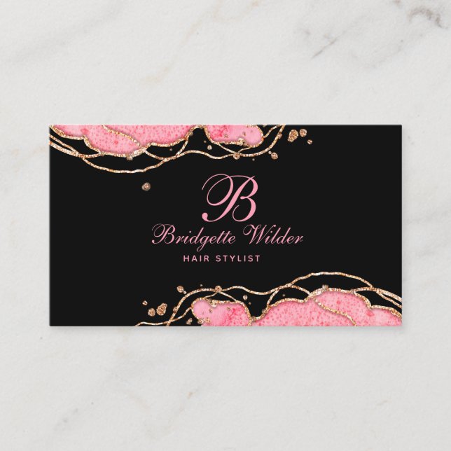 Pink Gold Marble Agate Black Hair Stylist  Business Card (Front)