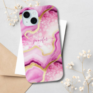 Pink Gold Marble Agate Geode Monogrammed Chic iPhone 15 Case