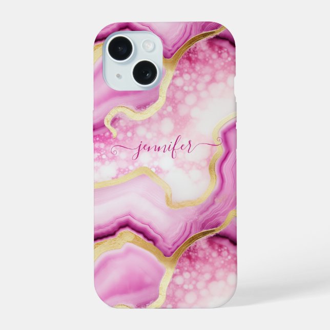 Pink Gold Marble Agate Geode Monogrammed Chic iPhone 15 Case (Back)