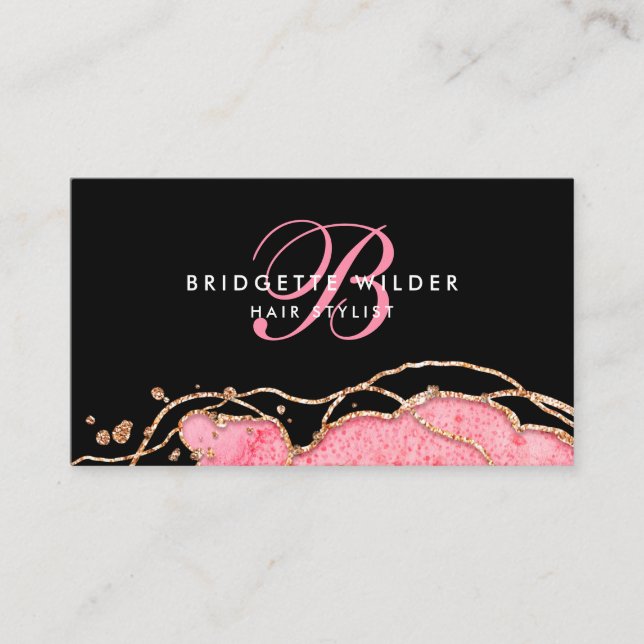 Pink Gold Marble Agate Hair Stylist Black Business Card (Front)