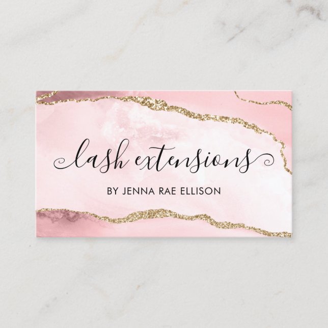 Pink Gold Marble Agate Lash Aftercare Instruction Business Card (Front)