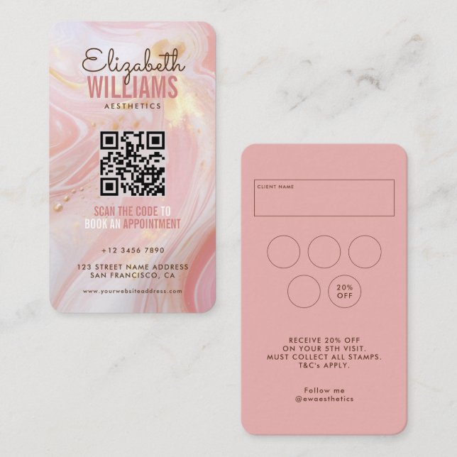 Pink Gold Marble Beauty Salon QR Code Loyalty & Business Card (Front/Back)