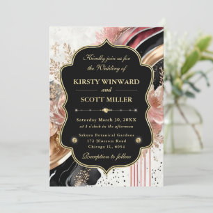 Pink Gold Marble Floral Elegant Wedding Invitation