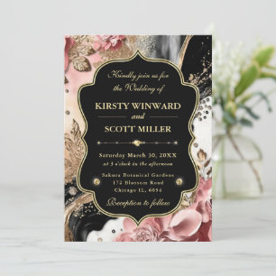 Pink Gold Marble Floral Elegant Wedding Invitation