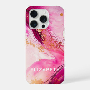 pink gold marble glitter personalised name iPhone 15 pro case