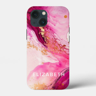 pink gold marble glitter personalized name  iPhone 13 mini case