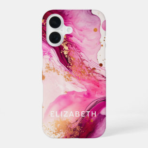 pink gold marble glitter personalized name iPhone 16 case