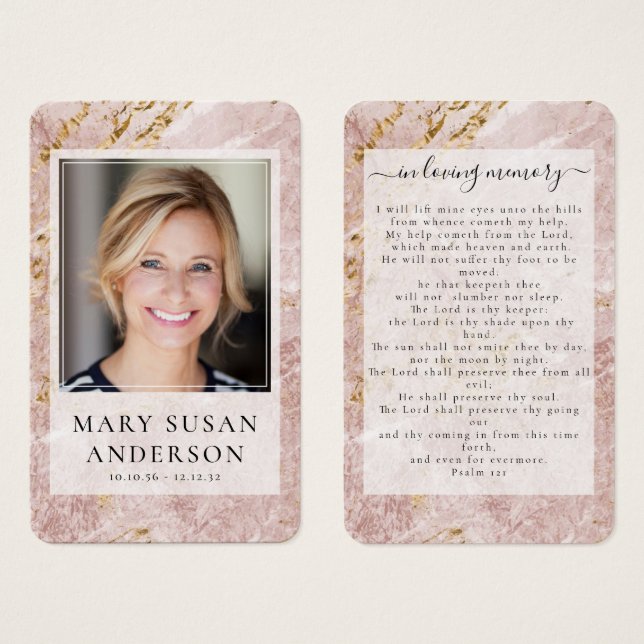 Pink Gold Marble Photo Memorial Prayer Card (Front & Back)