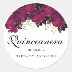 Pink Gold Marsala Flowers Quinceanera Favour Classic Round Sticker