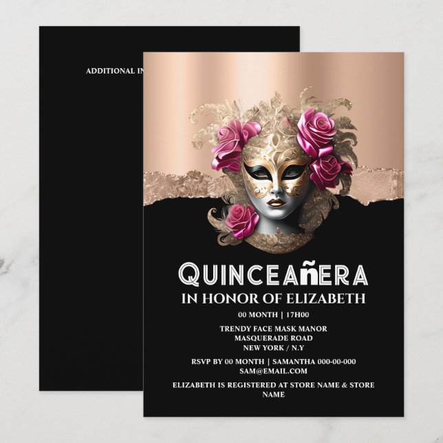 Pink gold masquerade birthday girls quinceañera  invitation (Front/Back)