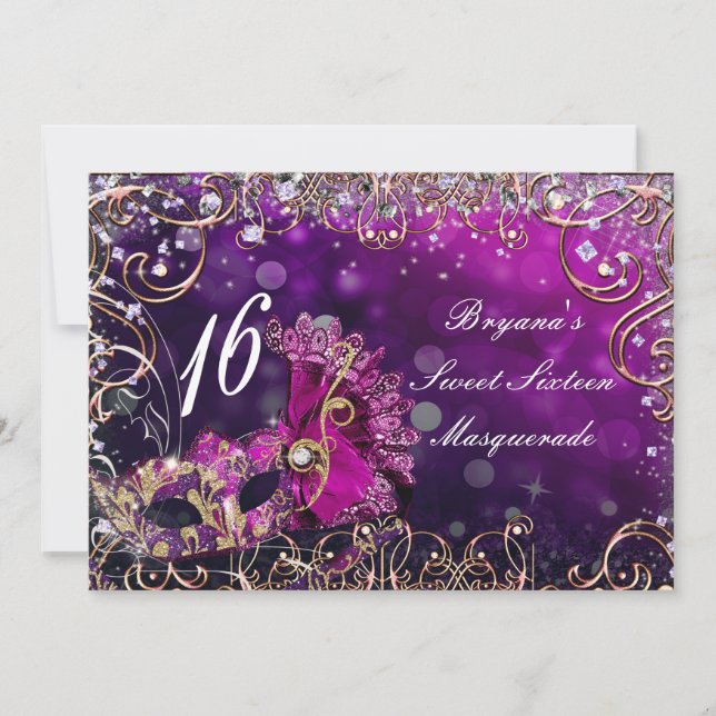 Pink & Gold Masquerade Costume Mask Birthday Party Invitation (Front)
