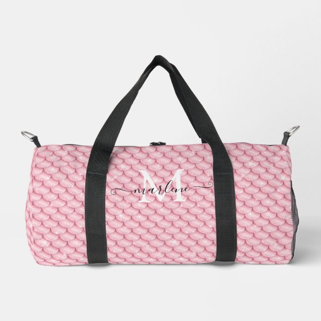 Pink Gold Mermaid Scales Glitter Girly Monogrammed Duffle Bag (Front)