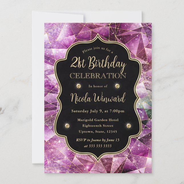 Pink & Gold Midnight Crystal Galaxy 21st Birthday Invitation (Front)
