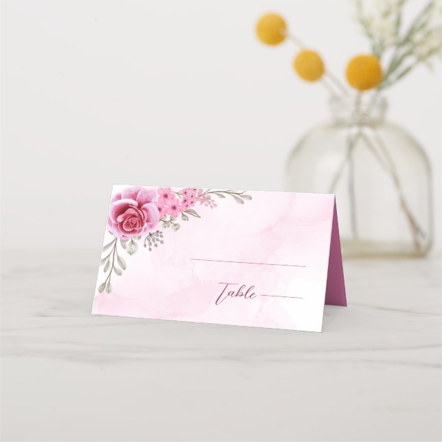 Pink Gold Minimalist Floral Wedding Place Card (Front)