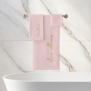 Pink Gold Minimalist Script Signature Monogram Bath Towel Set