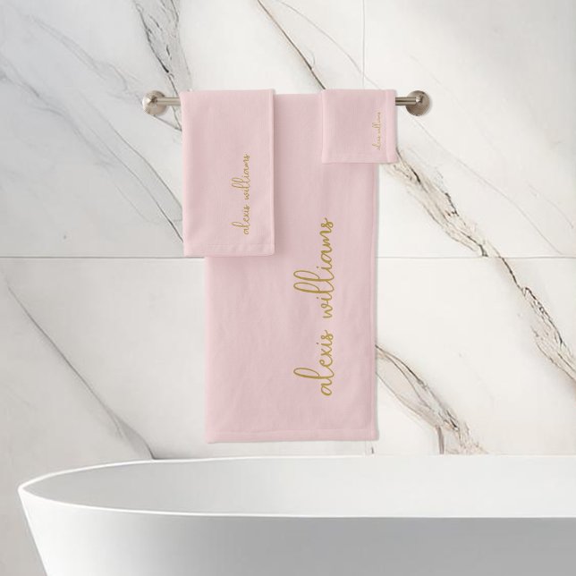 Pink Gold Minimalist Script Signature Monogram Bath Towel Set (Creator Uploaded)