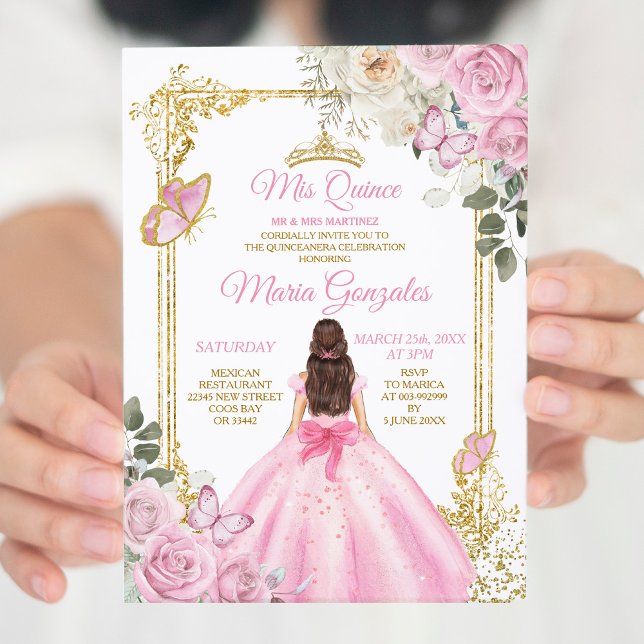 Pink & Gold Mis Quince 15 Anos Butterfly Crown Invitation (Creator Uploaded)
