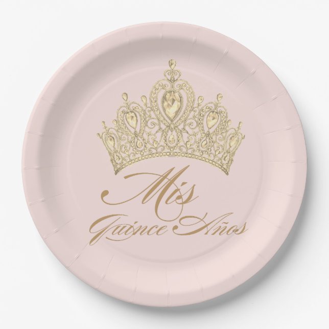 Pink Gold Mis Quince Anos Chic Elegant Tiara Paper Plate (Front)