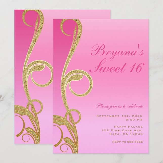 Pink & Gold Modern Chic Glam Swirl Sweet 16 Party Invitation (Front/Back)