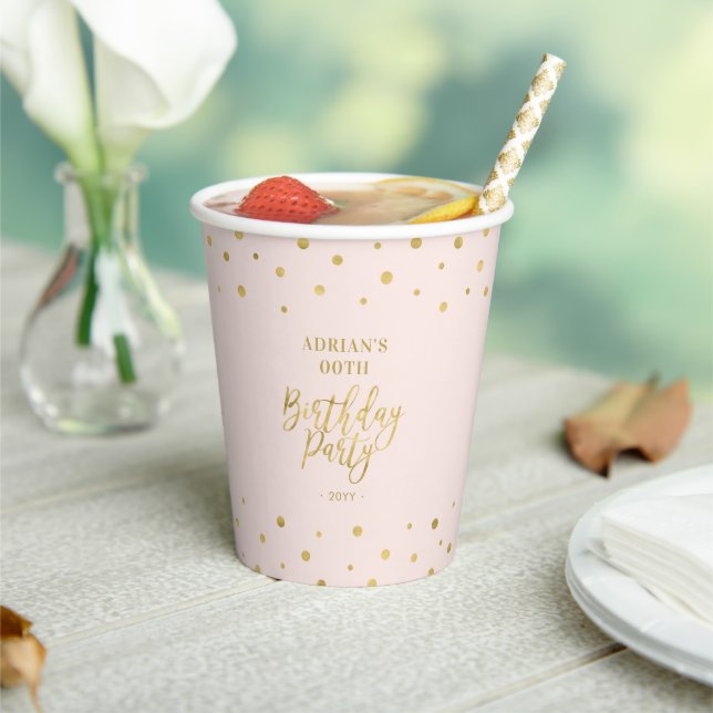 Pink & Gold | Modern Confetti Adult Birthday Party Paper Cups (Insitu)