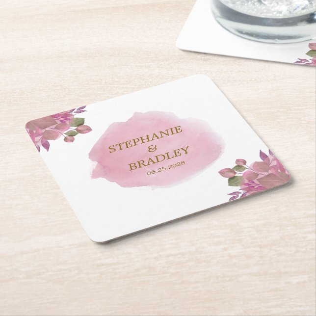 Pink Gold Modern Elegant Floral Watercolor Wedding Square Paper Coaster (Angled)