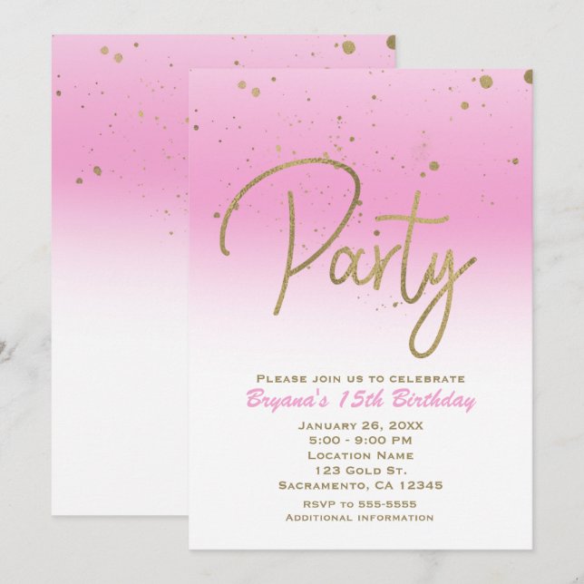 Pink & Gold Modern Glam Confetti Birthday Party Invitation (Front/Back)
