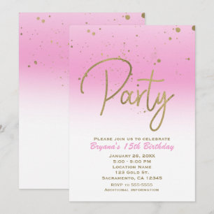 Pink & Gold Modern Glam Confetti Birthday Party Invitation