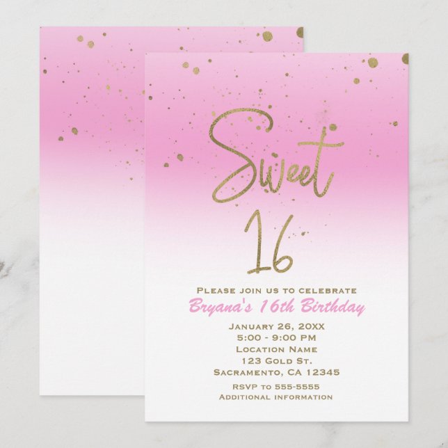 Pink & Gold Modern Glam SWEET 16 Birthday Party Invitation (Front/Back)