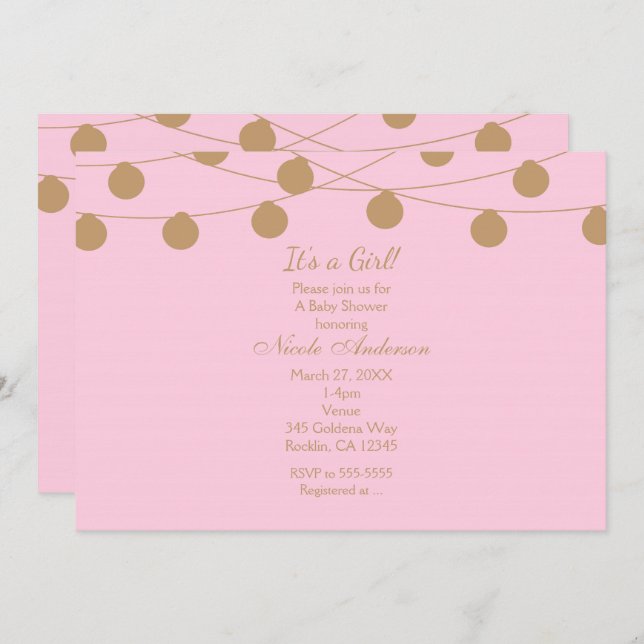 Pink & Gold Modern String Lights Chic Invitations (Front/Back)