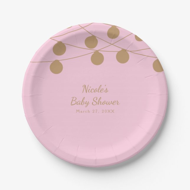 Pink & Gold Modern String Lights Chic Party Paper Plate (Front)