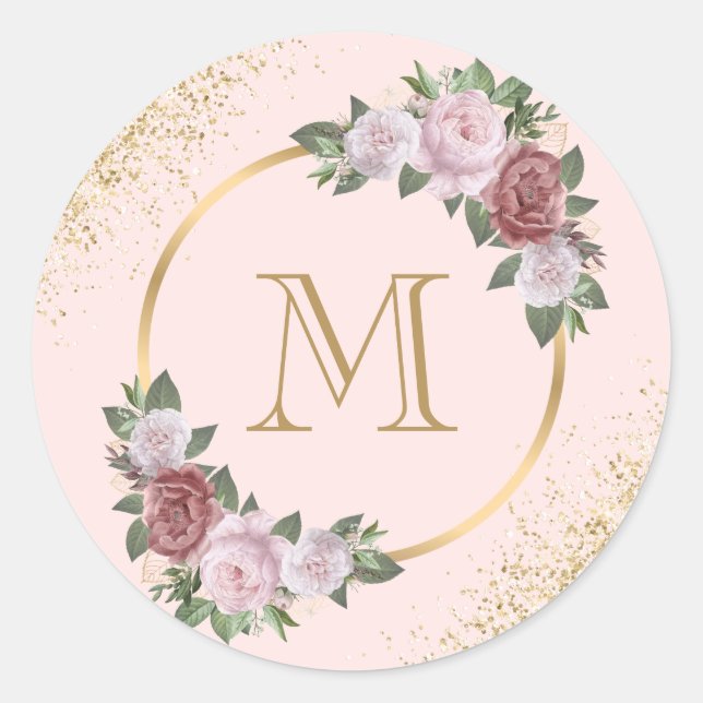 Pink Gold Monogram Confetti Floral Classic Round Sticker (Front)