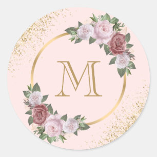 Pink Gold Monogram Confetti Floral Classic Round Sticker