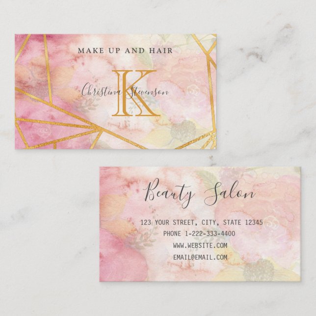 Pink Gold Monogram Floral Makeup Artist Hair Salon Business Card (Front/Back)