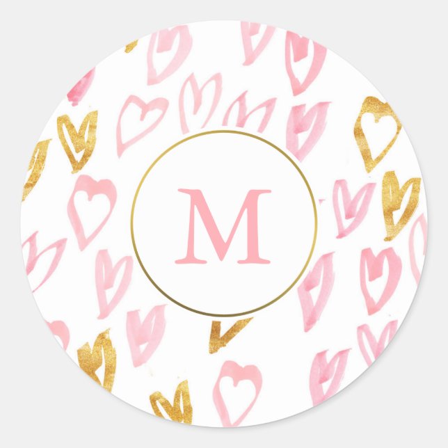 Pink & Gold Monogram Heart Stickers (Front)
