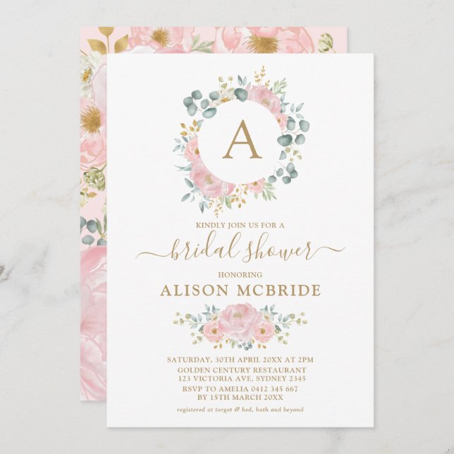 Pink Gold Monogram Watercolor Flower Bridal Shower Invitation (Front/Back)