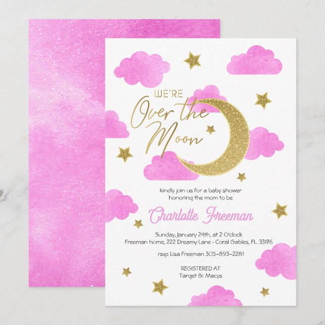 Pink Gold Moon & Stars Baby Shower Invitation  (Front/Back)