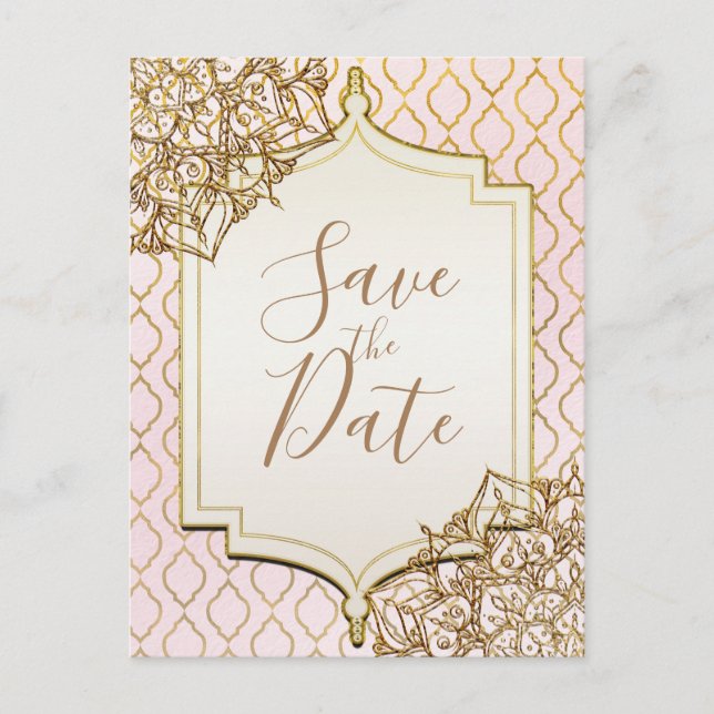 Pink Gold Moroccan Arabian Nights Save the Date Announcement Postcard (Front)