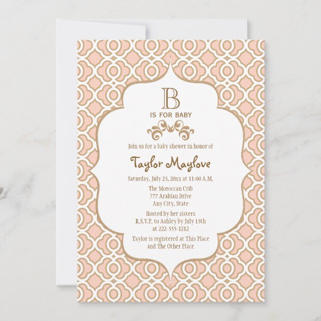 Pink Gold Moroccan Baby Girl Shower Invitations (Front)