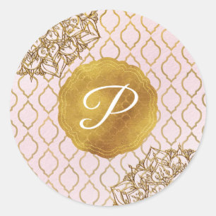 Pink & Gold Moroccan Glam Monogram Wedding Favour Classic Round Sticker