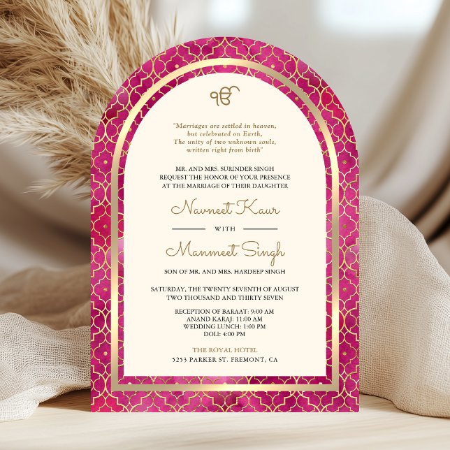 Pink Gold Moroccan QR Code Sikh Arch Wedding Invitation (Creator Uploaded)