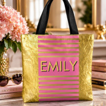Pink Gold Name Luxury Striped Monogram Shopper