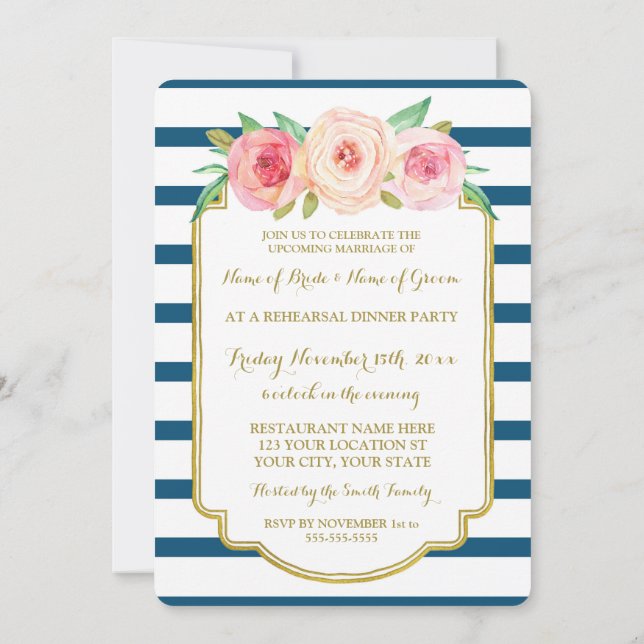 Pink Gold Navy Stripes Rehearsal Dinner Party Invitation (Back)