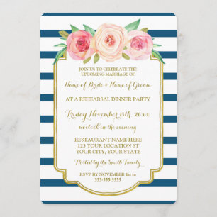 Pink Gold Navy Stripes Rehearsal Dinner Party Invitation
