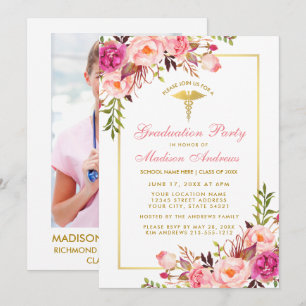 Pink Gold Nurse Grad Party Invite - Back Photo