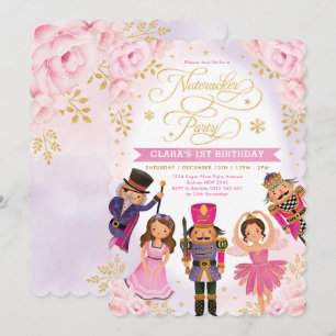 Pink Gold Nutcracker Party Winter Floral Birthday Invitation