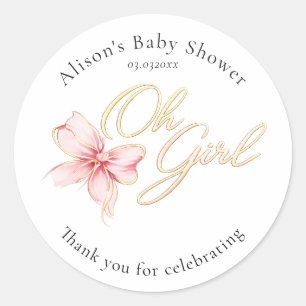 Pink & Gold “Oh Girl” Gold Typography Baby Shower Classic Round Sticker
